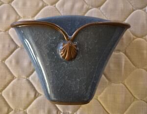 Vintage Japanese Crackle Glaze Ceramic Vase Planter Blue Coastal Shell Decor